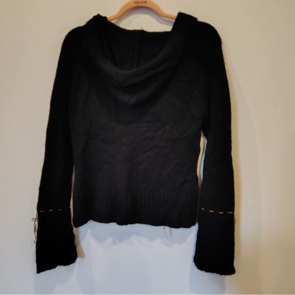 Black Knit Y2K Whipstitch Leather Black Hoodie Sweater Women L Bell Sleeve Boho - Picture 7 of 7